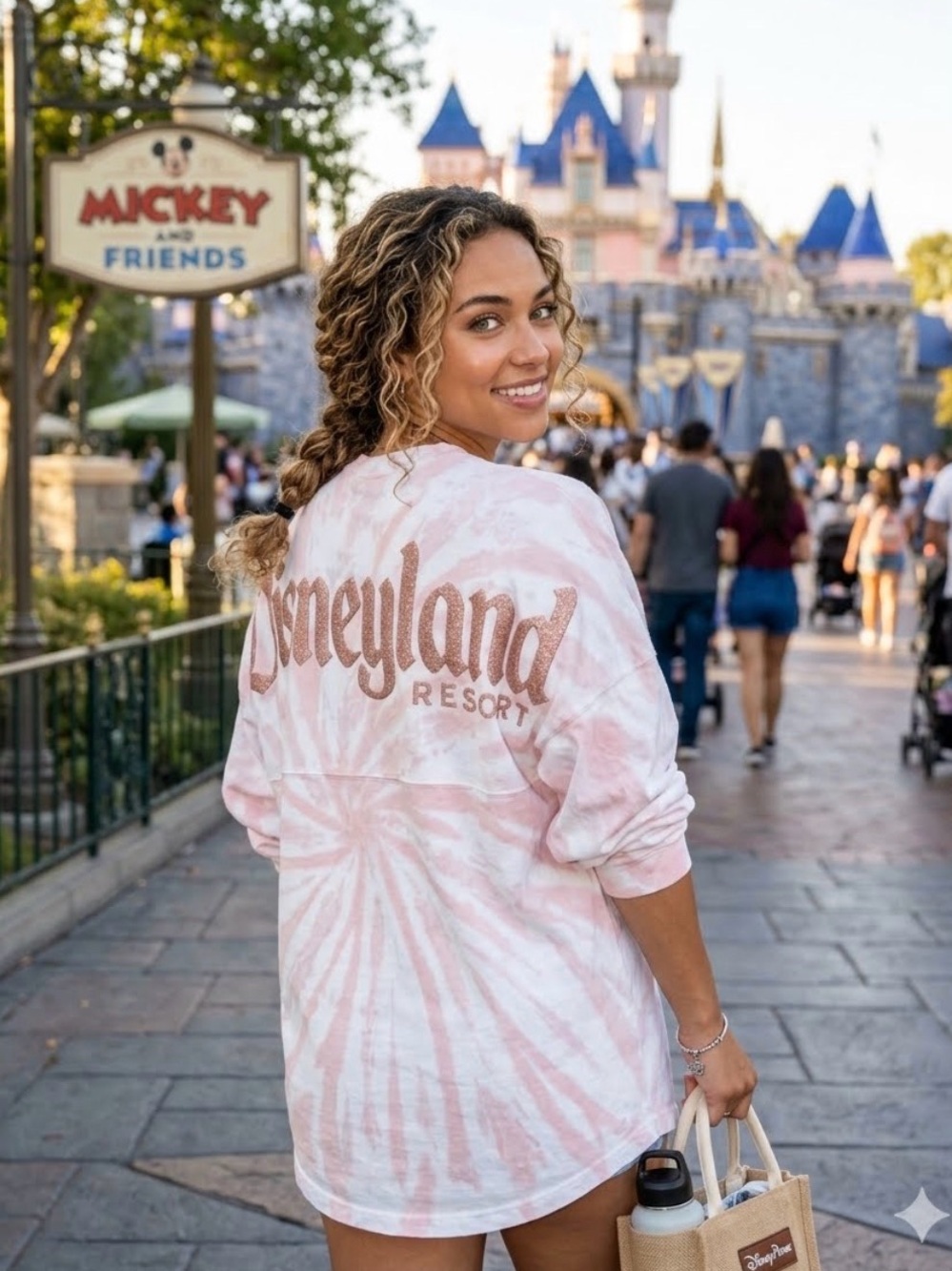 Disneyland Resort Spirit Jersey Pink White Tie Dye Glitter Briar Rose Gold M EUC